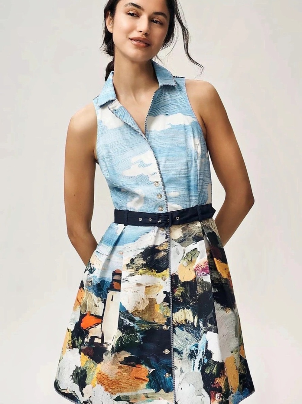 Anthropology Meave Abstract Print Collared Mini Dress in Blue & Multicolor Like
